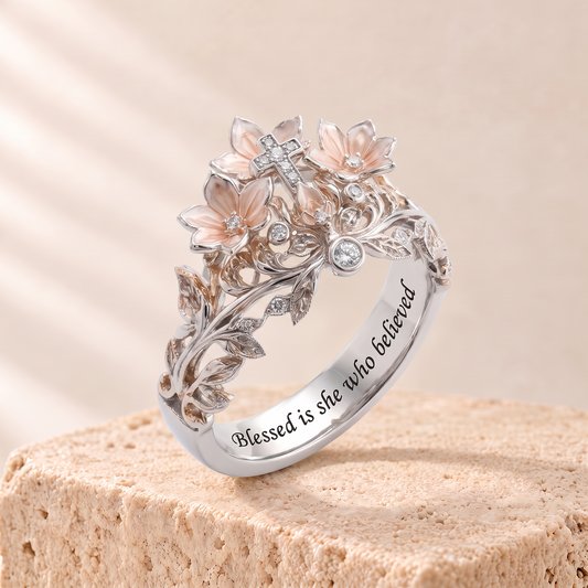 Rose-Tone Zircon Leaf Ring - Elizabeth engraved Blessed is she who believed