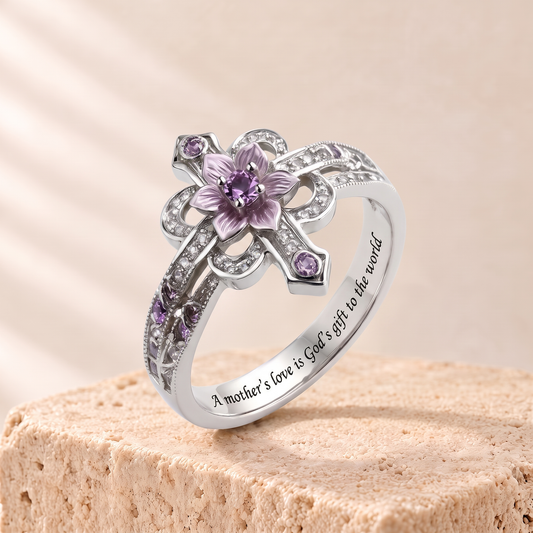 Violet Zircon Flower Cross Ring - Martha engraved A mother's love is God's gift to the world