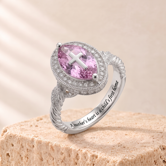 Priscilla pink zircon cross halo ring with engraving