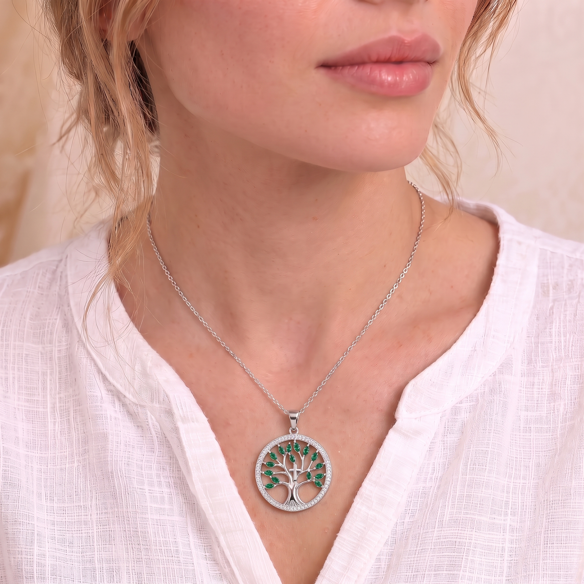 Naomi tree of life necklace on the neck