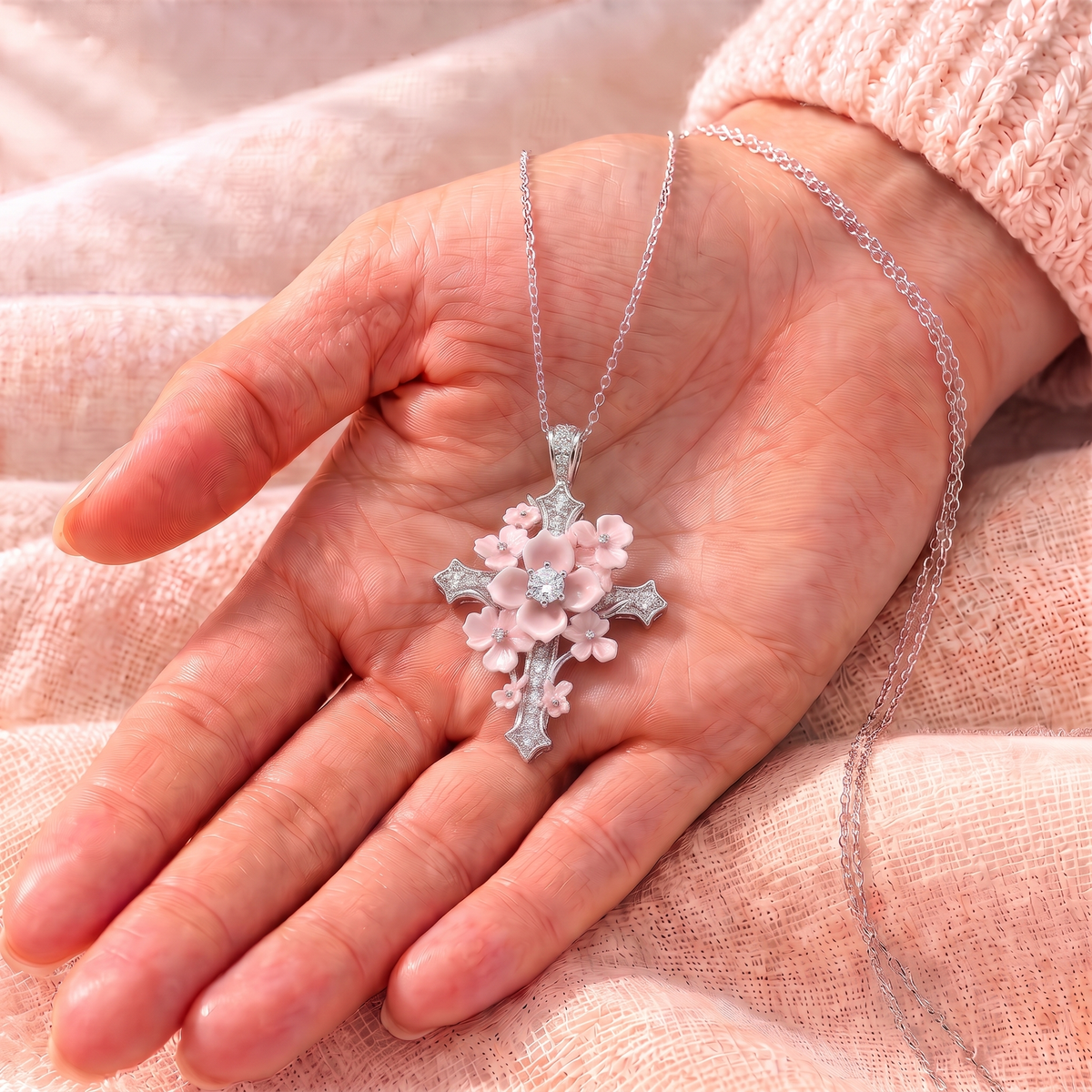 Lydia flower cross pendant in the palm