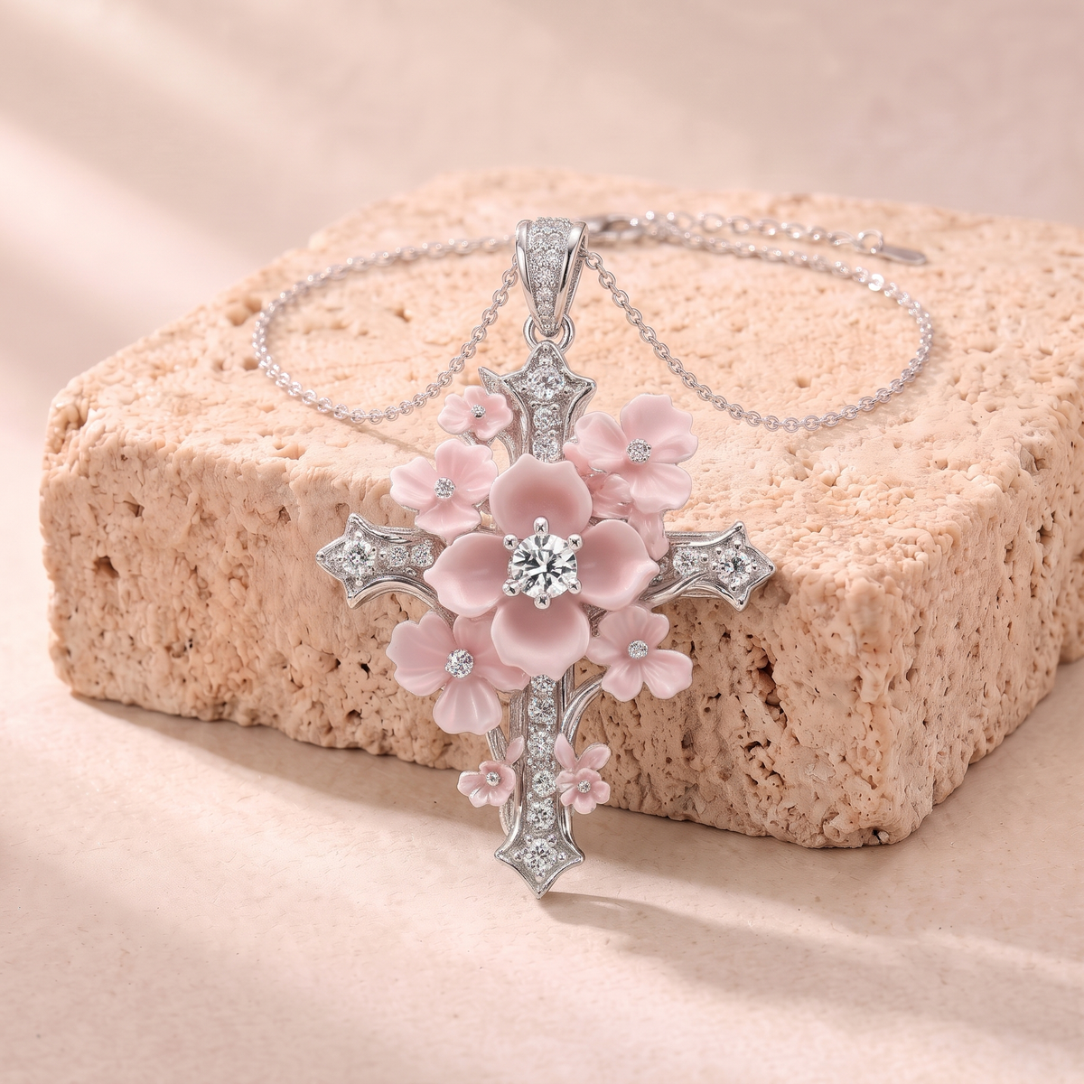 Lydia pink zircon flower cross necklace on travertine