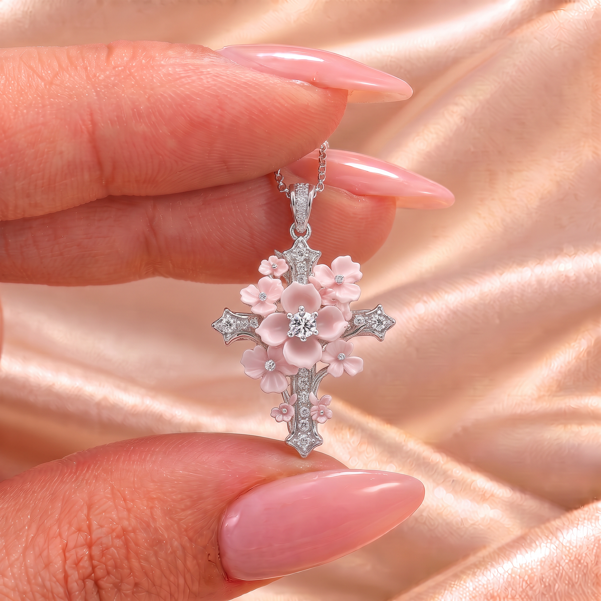 Lydia flower cross pendant held on satin