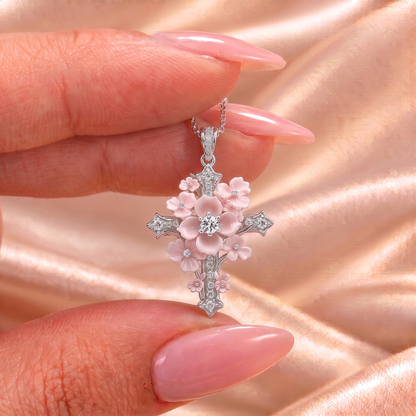 Lydia flower cross pendant held on satin