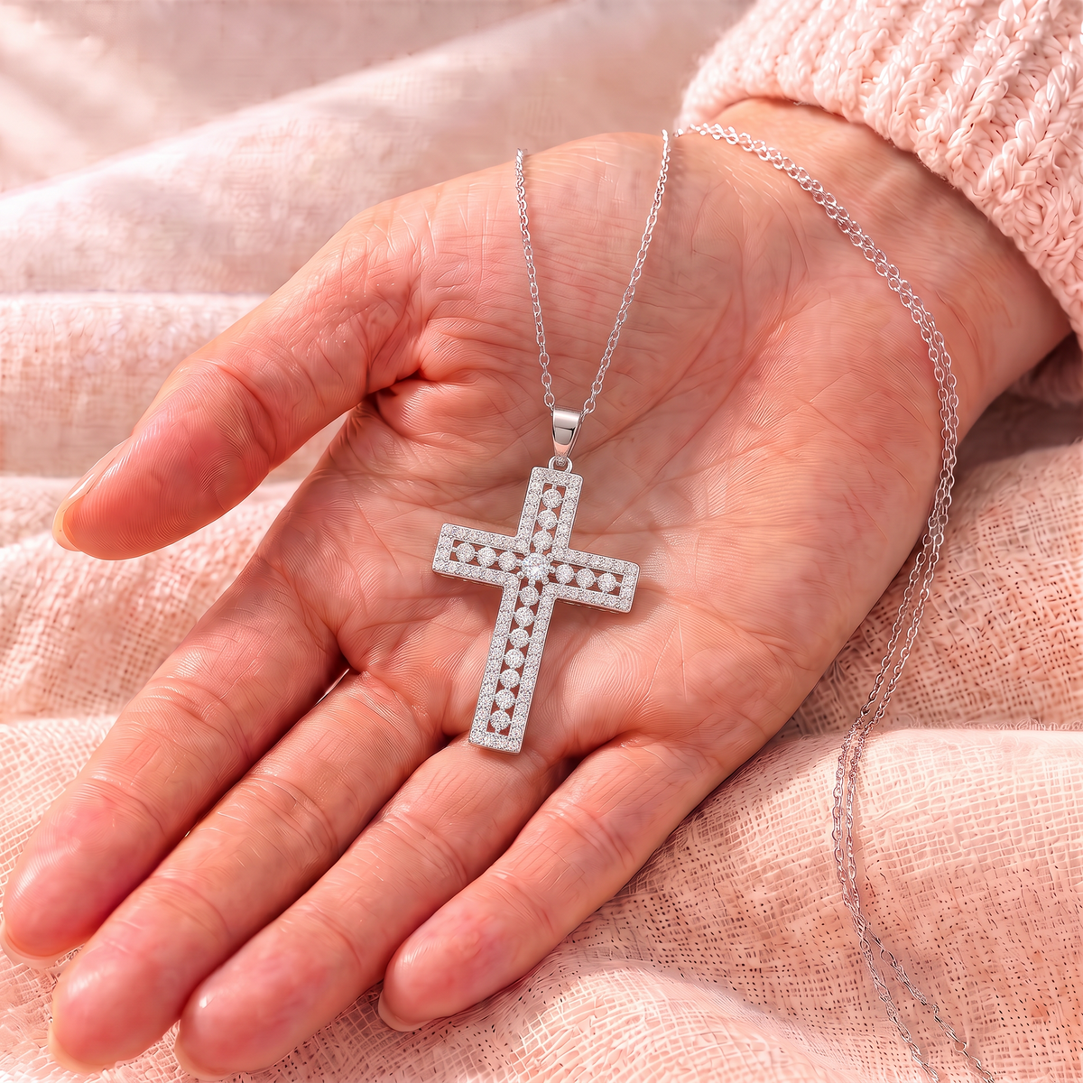 Phoebe moissanite cross pendant in the palm