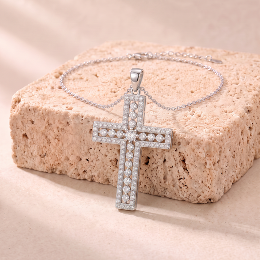 Phoebe moissanite pave cross necklace on travertine