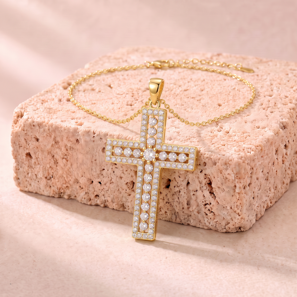 Phoebe moissanite pave cross necklace in gold on travertine