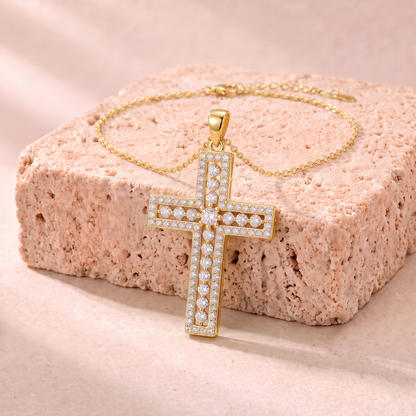Phoebe moissanite pave cross necklace in gold on travertine