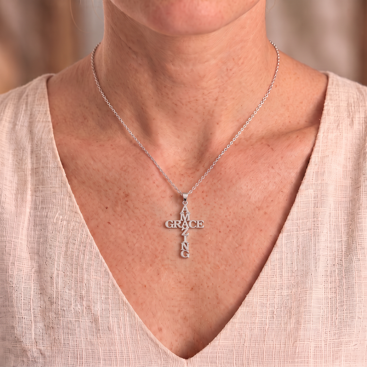 Huldah necklace worn close-up