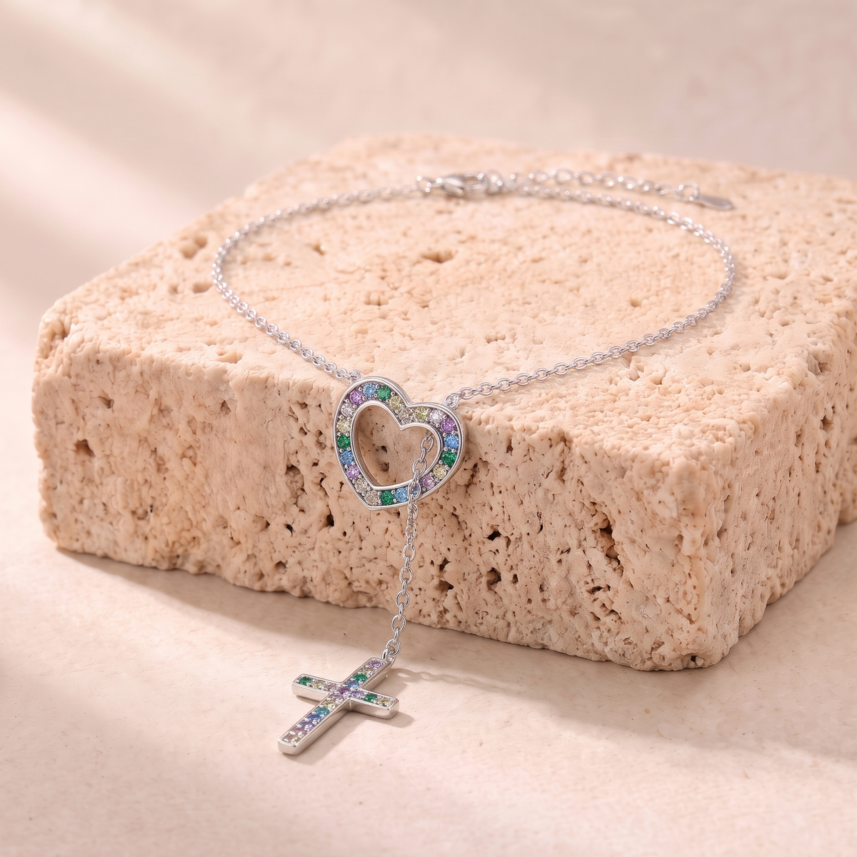 Eve rainbow zircon heart and cross necklace