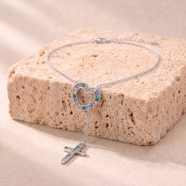 Eve rainbow zircon heart and cross necklace