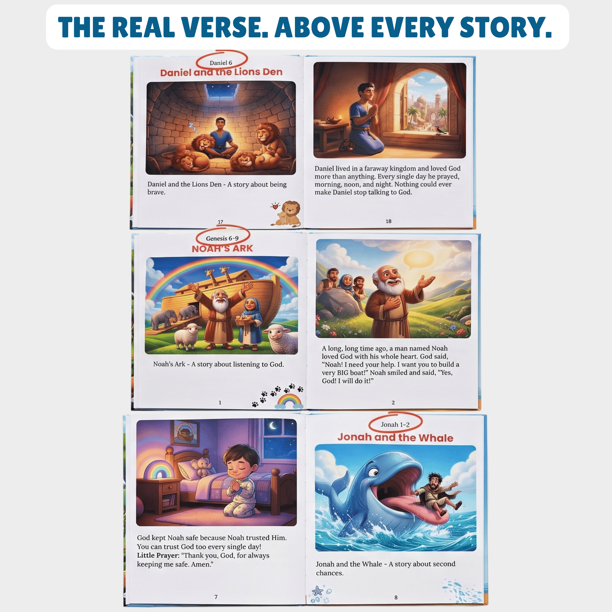 Inside pages of Little Light Bible Storybooks featuring colorful illustrations of popular Bible stories from the Old and New Testaments.