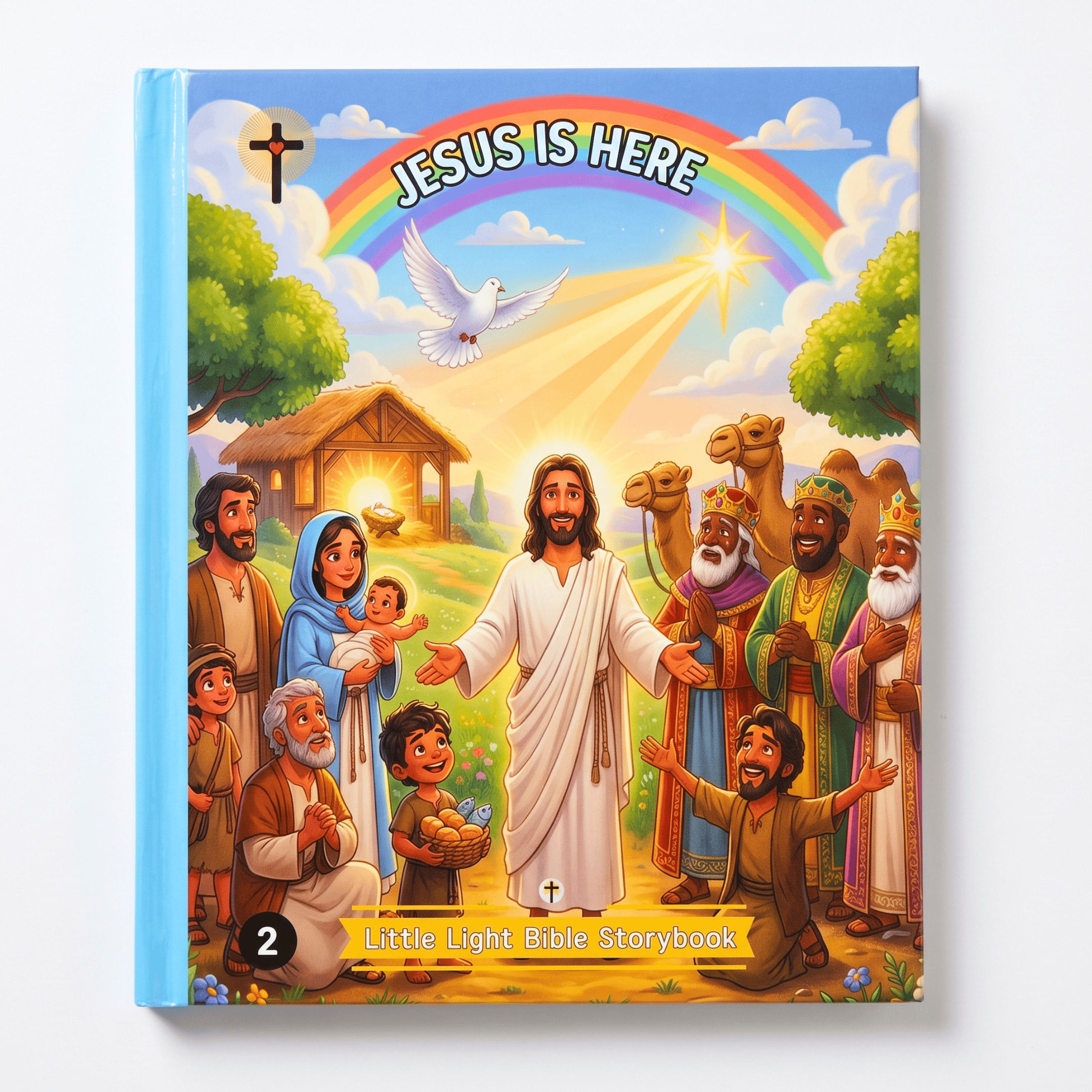 Illustrated children's Bible storybook featuring the birth of Jesus, the Nativity scene, Mary, Joseph, and the baby Jesus.