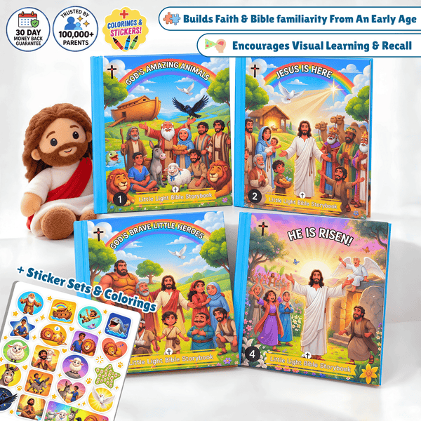 Little Light Bible Storybooks 4-book collection for kids featuring colorful illustrated Bible stories, a Jesus plush toy, and bonus stickers.