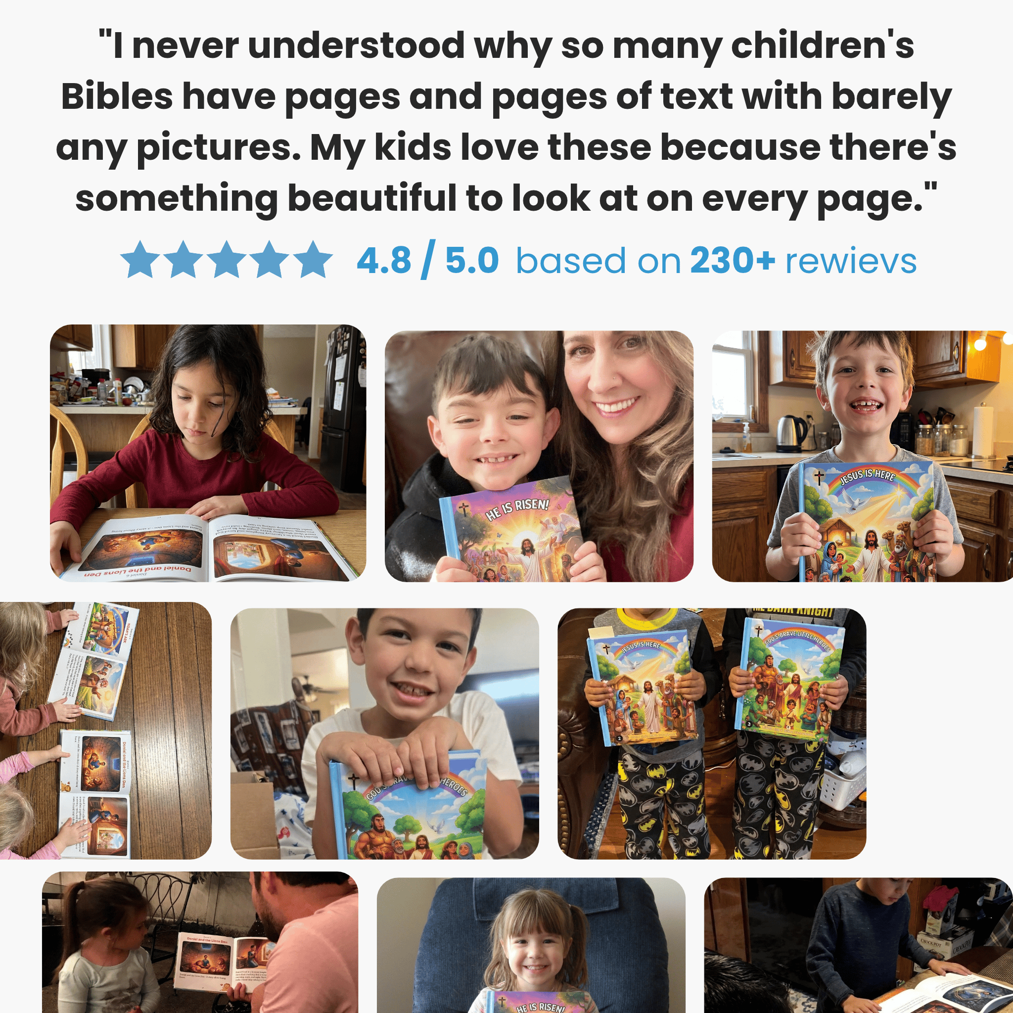 Customer review collage showing parents and children enjoying Little Light Bible Storybooks and sharing their reading experiences.