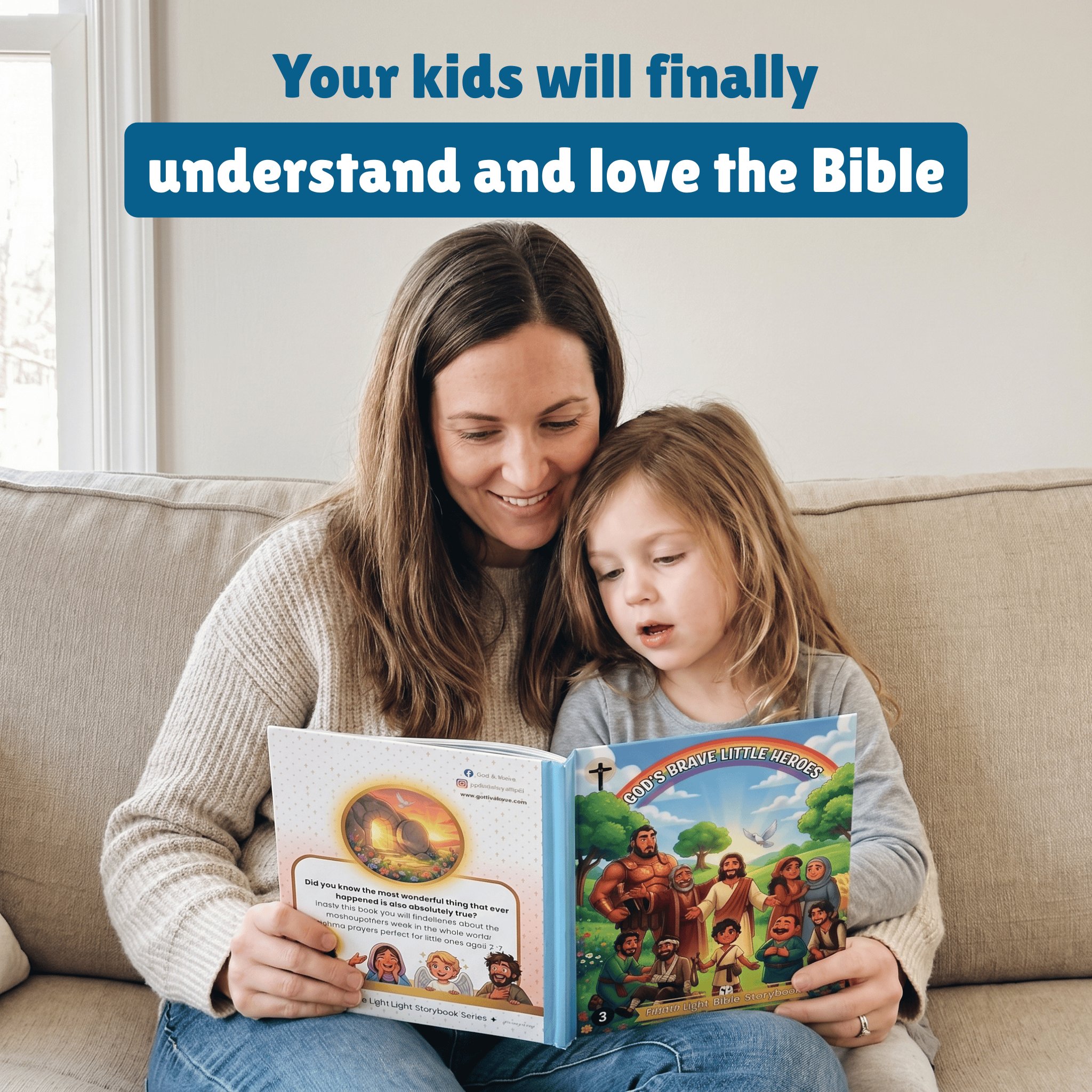 Mother and young daughter reading a Little Light Bible Storybook together, encouraging family bonding and early Christian faith education.