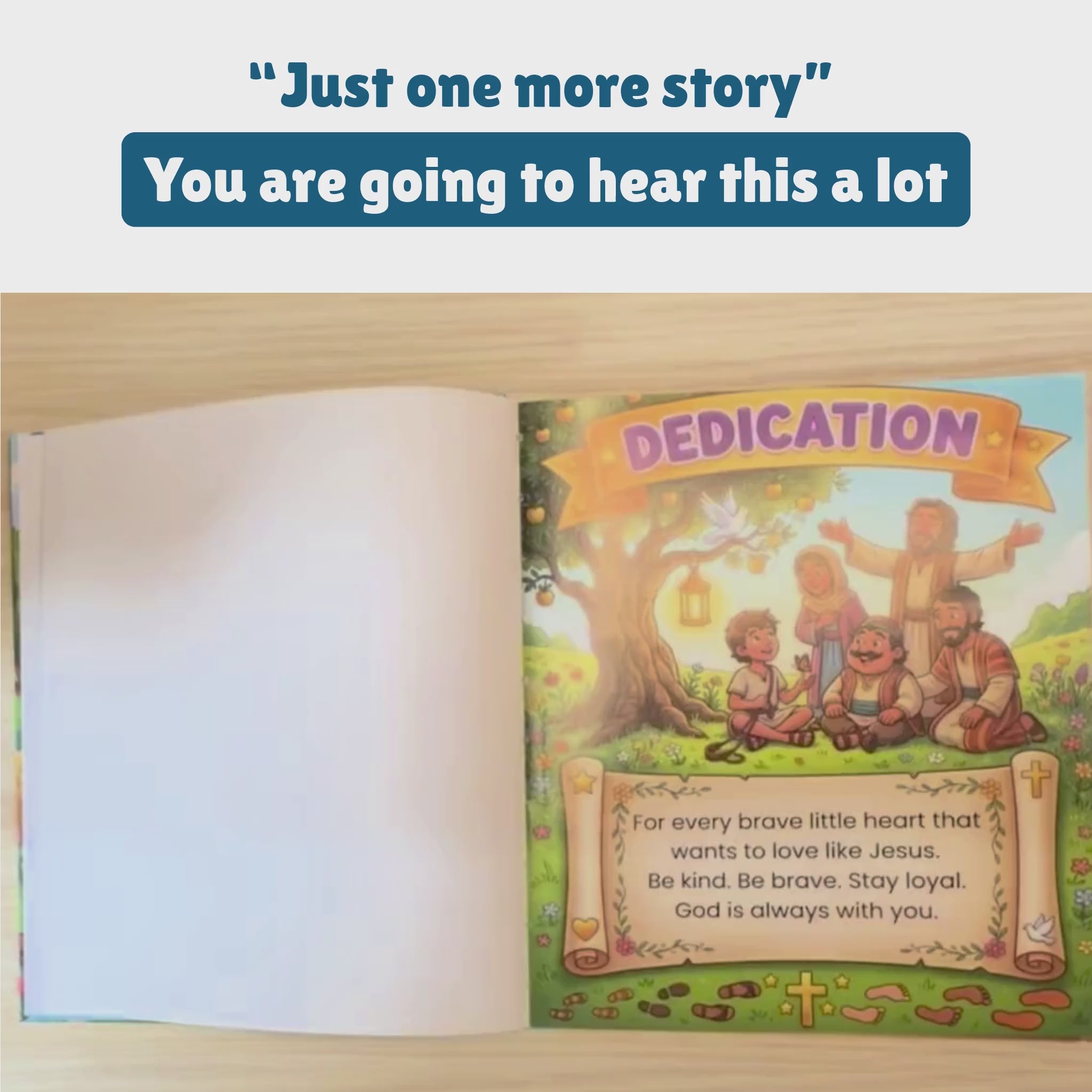 Open illustrated Bible storybook showing a dedication page, perfect for Christian bedtime reading and meaningful family moments.