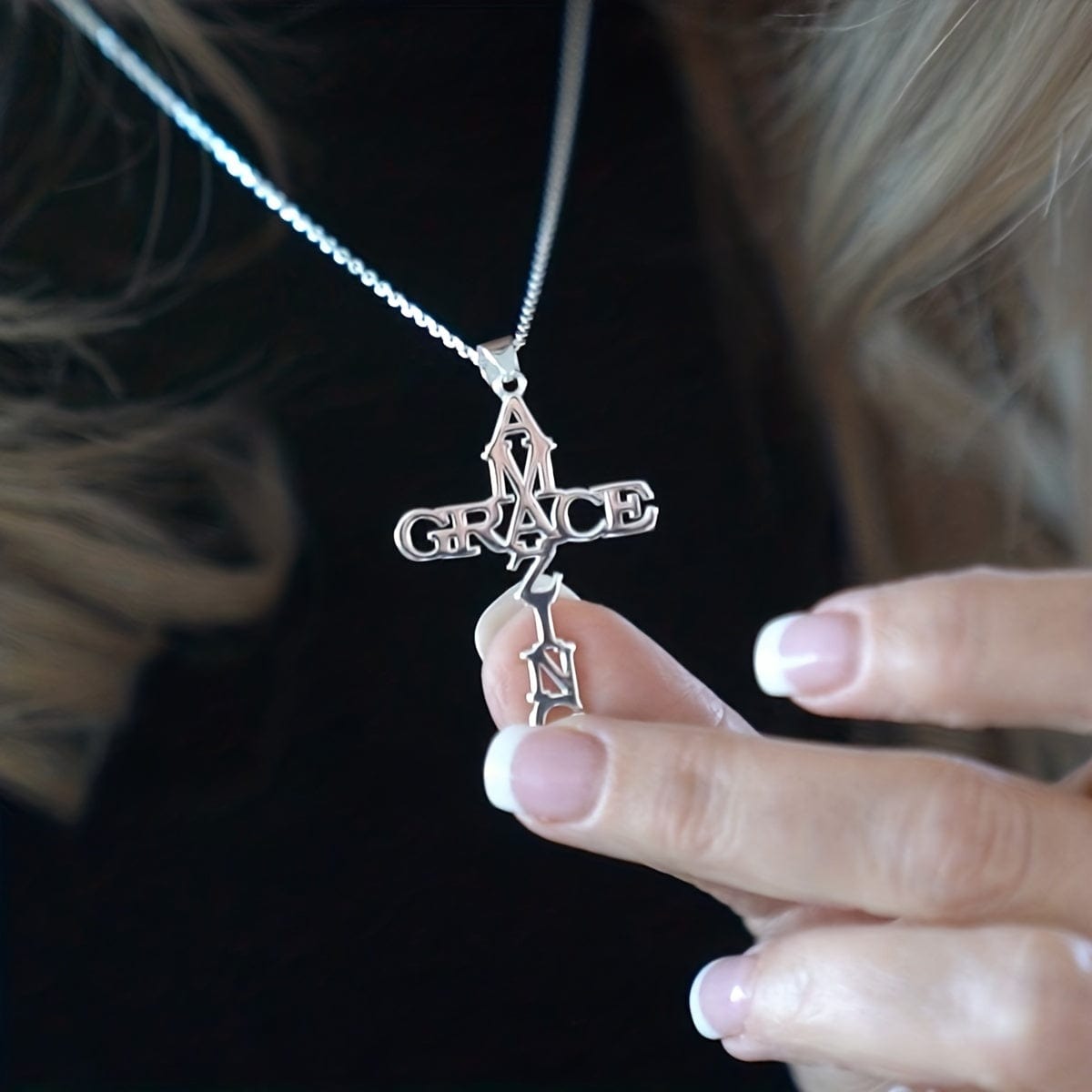 Stainless Steel Amazing Grace Letter Cross Necklace Religious Faith Christian Jewelry Best Gift