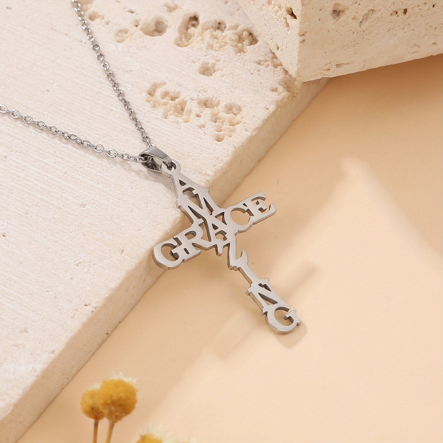 Stainless Steel Amazing Grace Letter Cross Necklace Religious Faith Christian Jewelry Best Gift