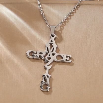 Stainless Steel Amazing Grace Letter Cross Necklace Religious Faith Christian Jewelry Best Gift