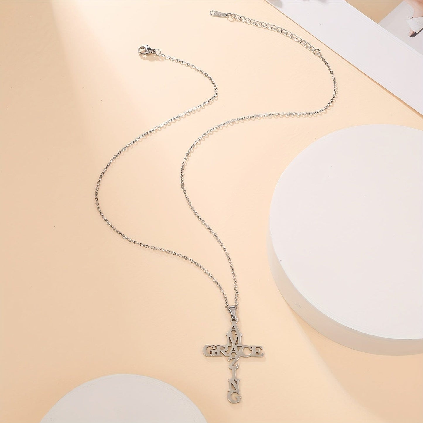 Stainless Steel Amazing Grace Letter Cross Necklace Religious Faith Christian Jewelry Best Gift