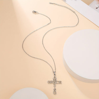 Stainless Steel Amazing Grace Letter Cross Necklace Religious Faith Christian Jewelry Best Gift