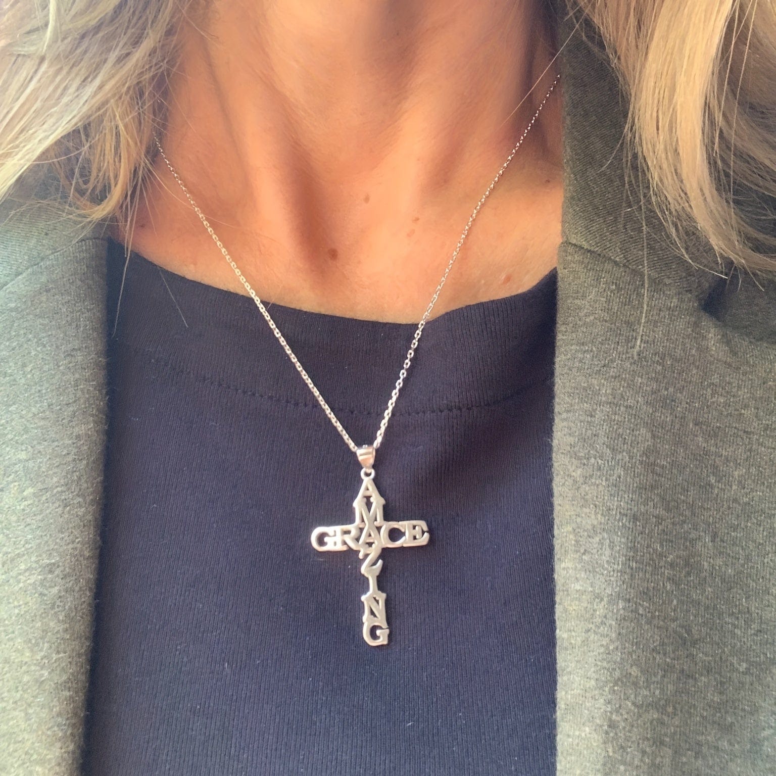 Amazing Grace Cross Necklace in Stainless Steel